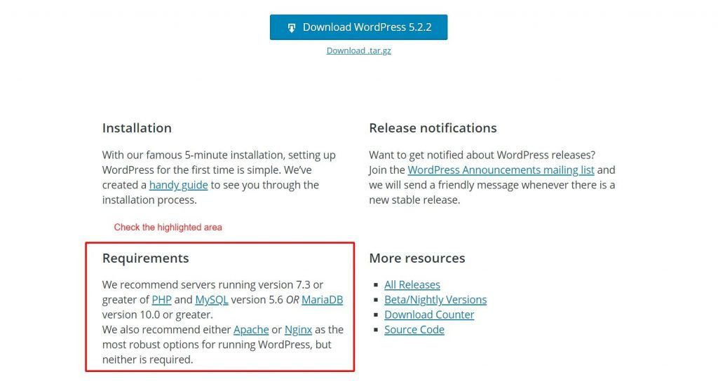 Requirements for WordPress installation